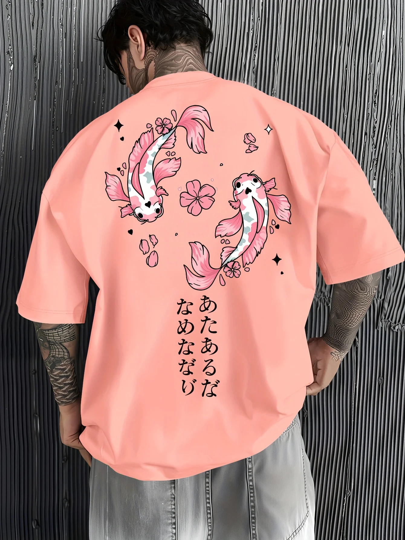 Cherry Blossom and Koi Fish Print Loose Casual Fashion Summer Street 100% Cotton Men's T-shirt Breathable Trendy Round-neck Top