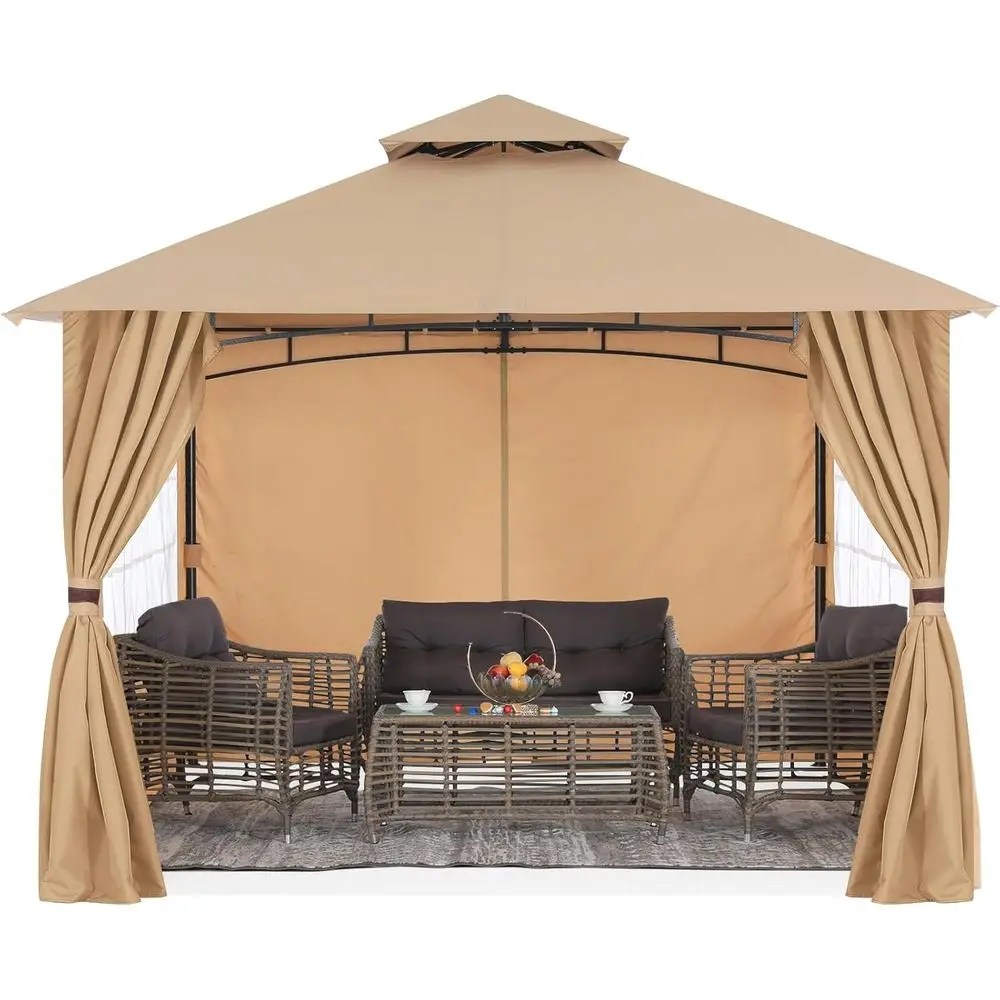 

Бежевая стальная уличная беседка 10x12 с оконными шторами