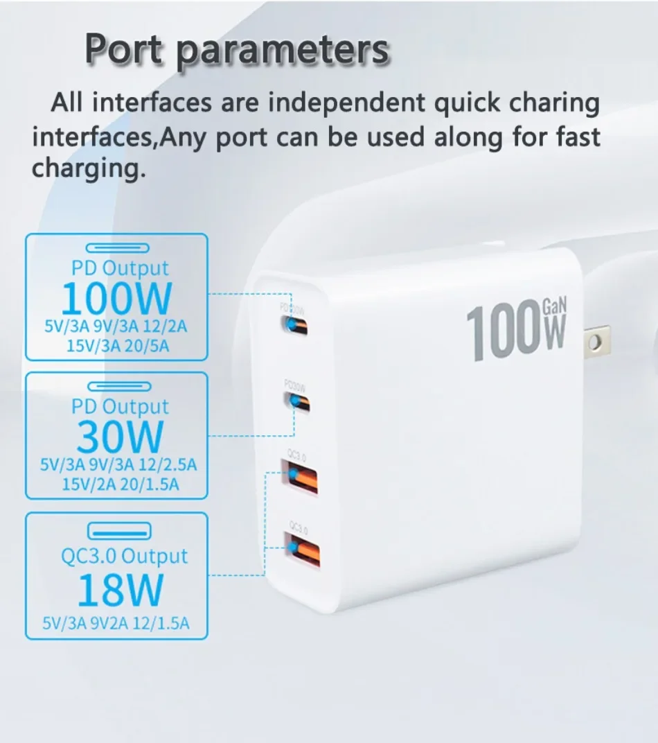 100W GaN Charger Convertible Plug Folding Pin QC3.0 USB-A Dual Type C PD Fast Charging Adapter for Notebook Mobile Phone Tablet