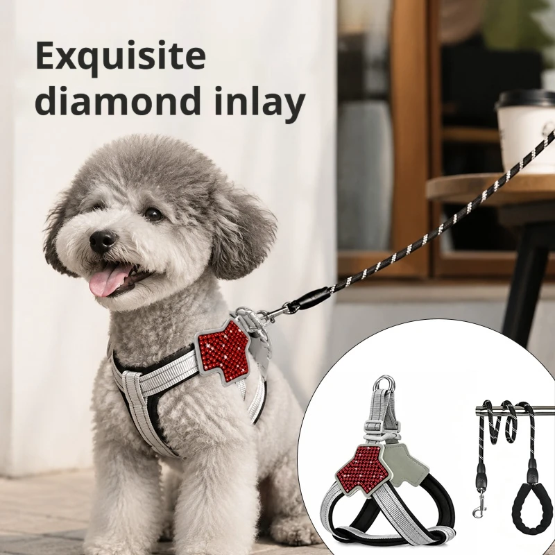 Bling Rhinestone Pet Harness And Leash Set Adjustable Soft Dog Vest Harness Walking Lead For Small Medium Dogs Cats Outdoor Dail