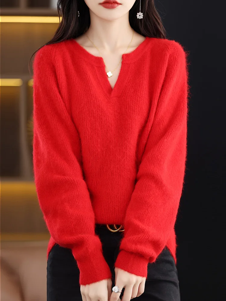 100% Mink Cashmere Knit Pullover Women V-Neck Thicken Sweater Casual Large Size Blouse Autumn Winter New Long-Sleeved Base Shirt