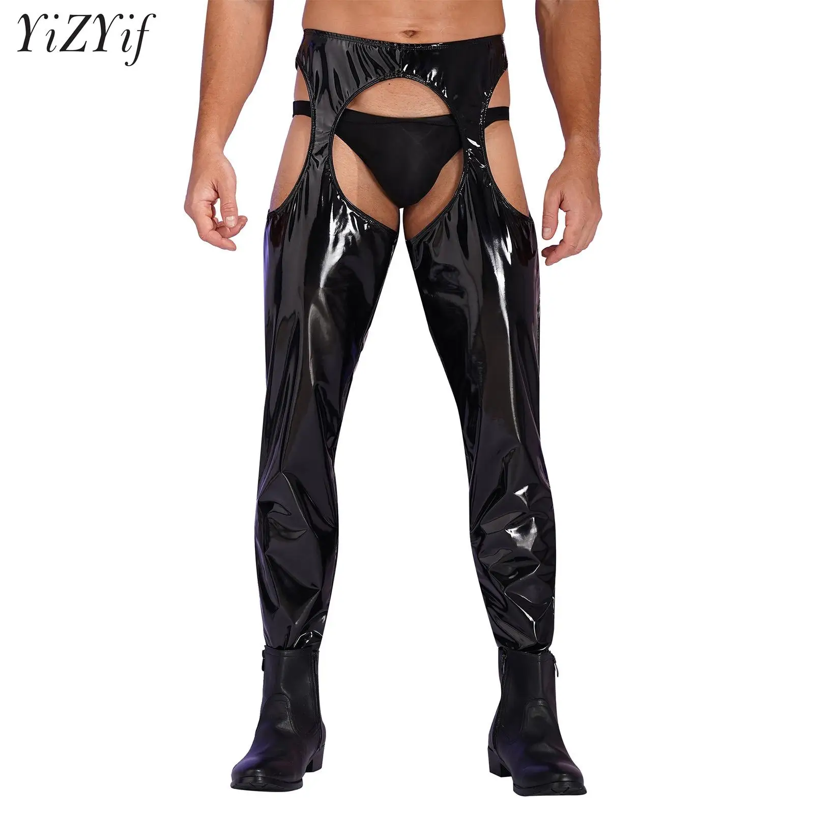 Men's Sexy Leather Pants High Waist Open Crotch Panties Hollowed Out Tight Leather Pants Fiery Erotic Pants