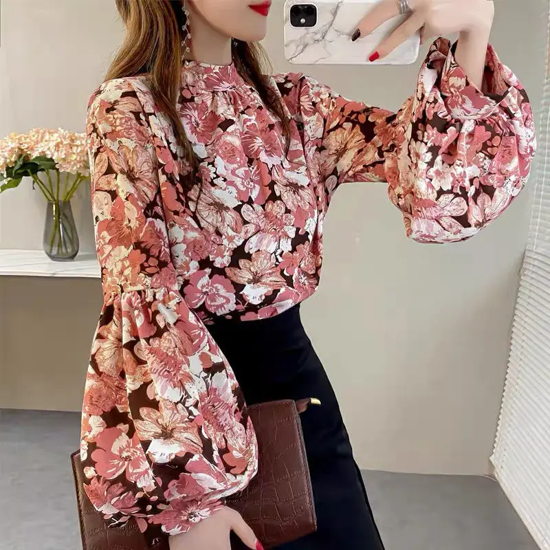 Korean All-match Women\'s Floral Printed Lantern Sleeve Blouse Spring Autumn Female Clothing Loose Fashion Stand Collar Shirt