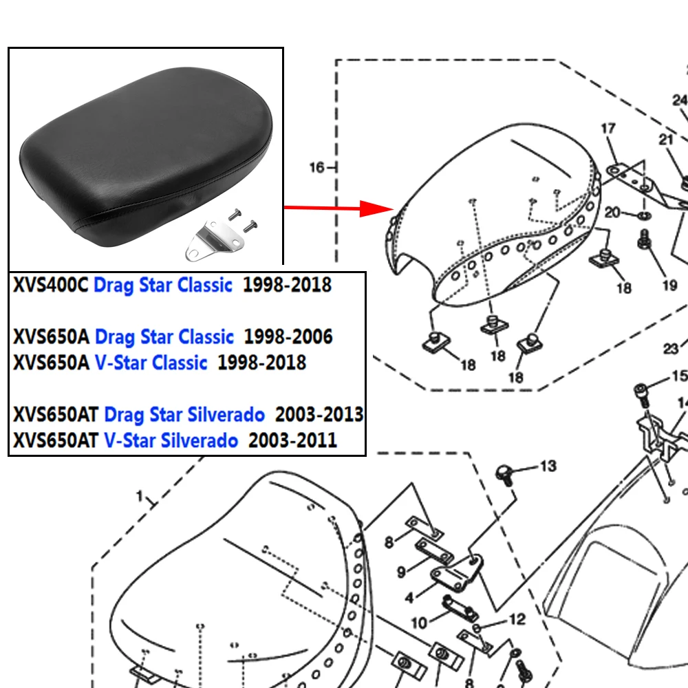 Rear Seat Pillion Passenger Tandem Seat For Yamaha XVS400C XVS650A XVS 650AT Drag Star V-Star Classic / Silverado 1998-2018