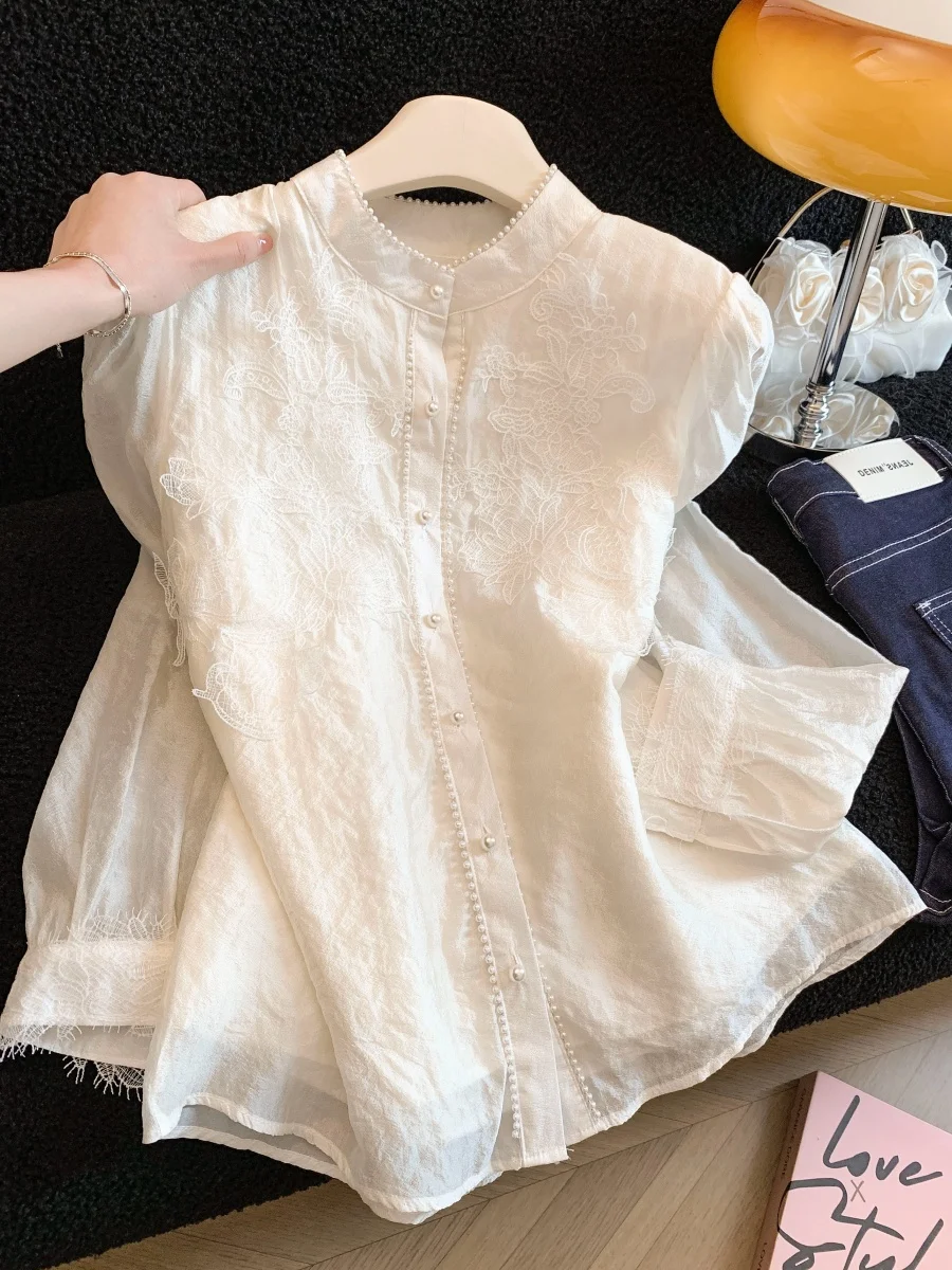 

Unique Lace Shirt Women's Loose Long Sleeve round Neck Versatile Spring Autumn New Style Commute Korean Style Polyester Fiber