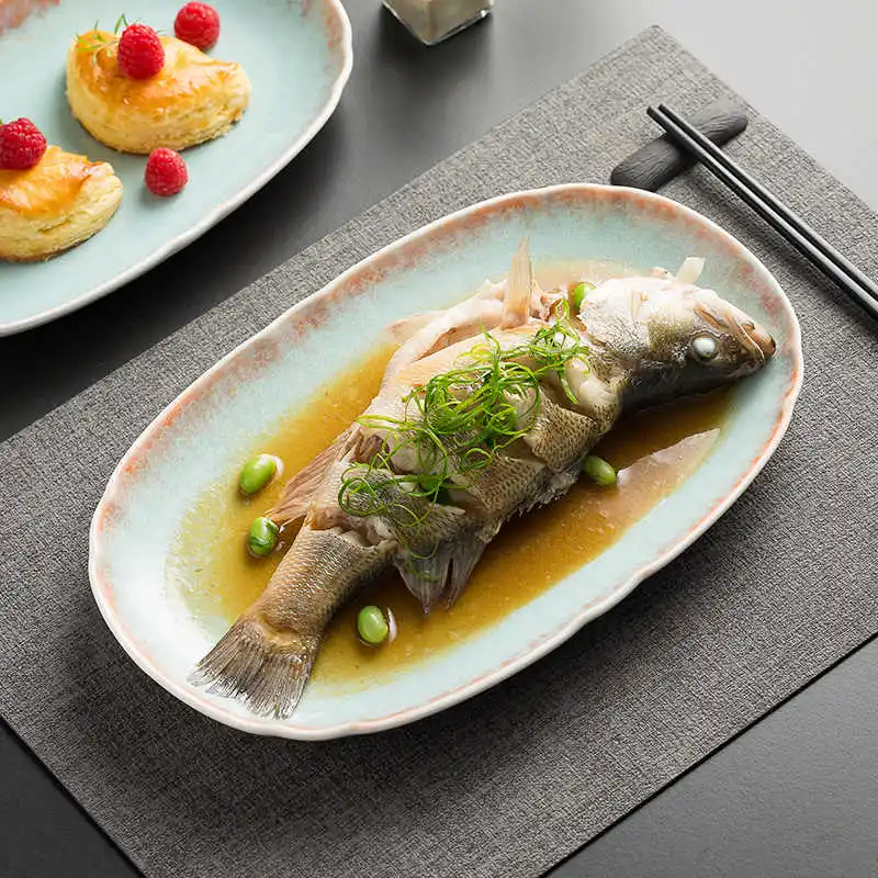 

Fish Plate Retro Oval Plates Underglaze Ceramic Dinner Dishes Household Breakfast Snack Pastry Tray Tableware