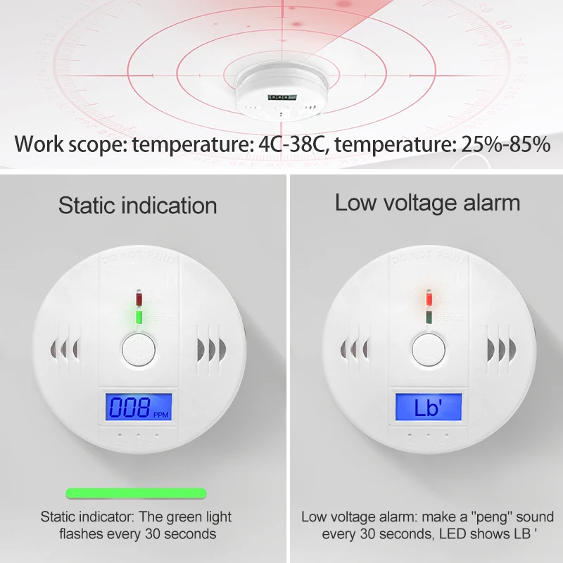 CO Sensor Wireless Carbon Monoxide Detector Work Alone 85dB Siren Sound LCD Carbon Monoxide Poisoning Warning Alarm Detector