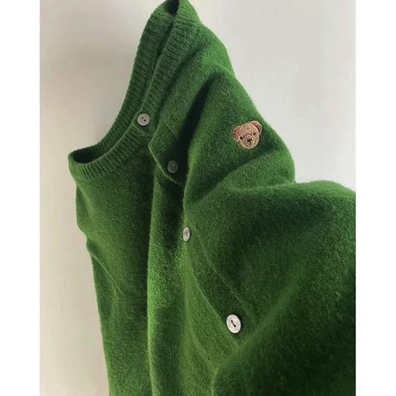 Women\'s Green Retro Embroidery Knitted Sweater Casual Temperament Comfortable Cardigan Coat Autumn and Winter Fashion New