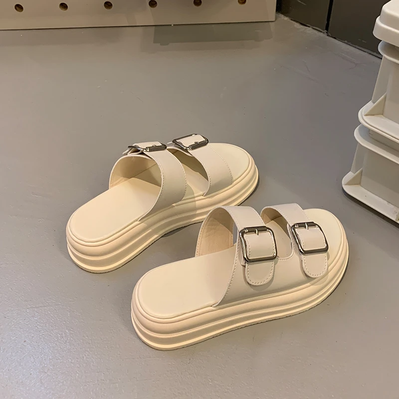 Doghc mulheres sandálias de plataforma dupla fivela, sandálias planas casuais open toe, sapatos confortáveis de verão, novo, 2022