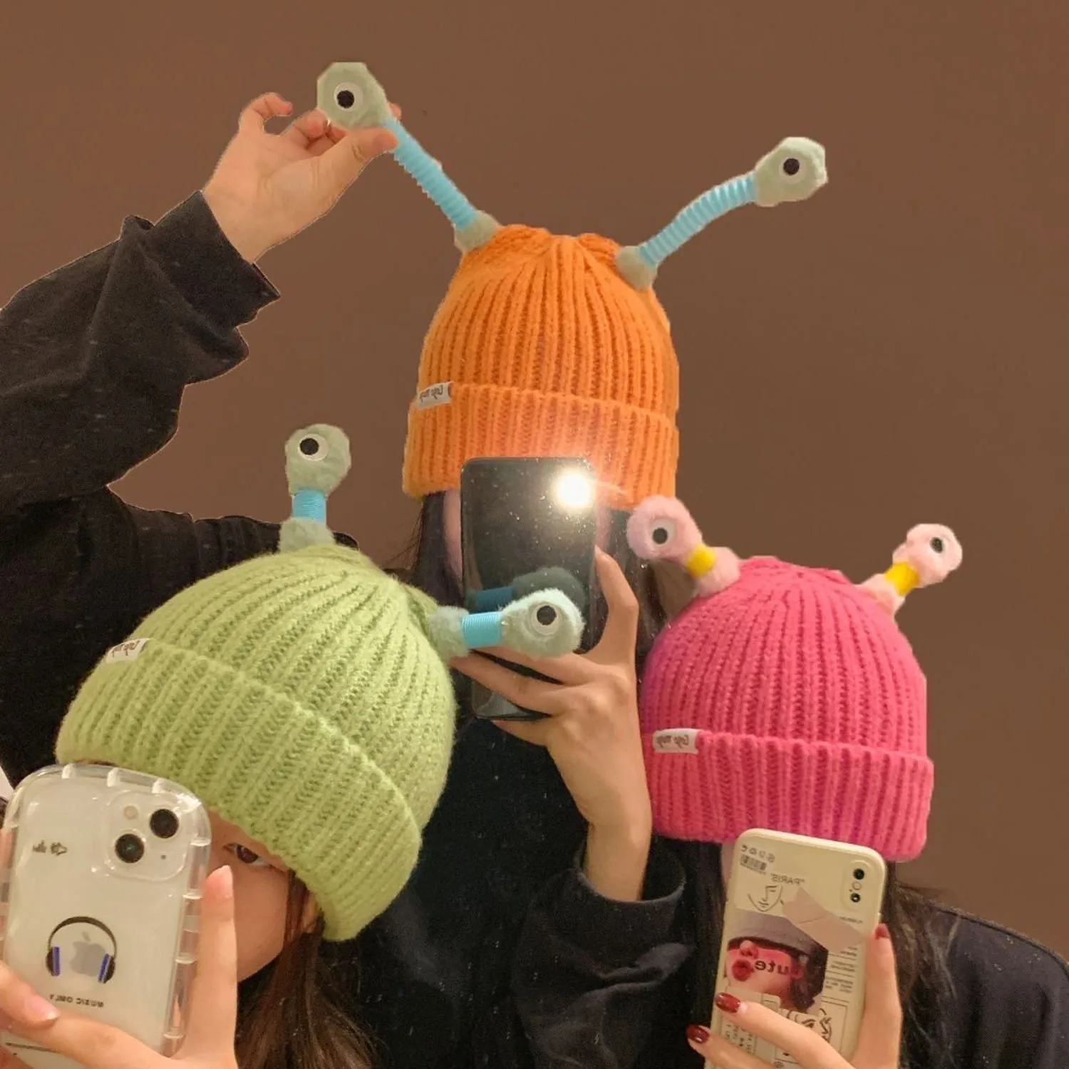 Chapéu de lã tricotado com olhos de monstro para mulheres Antena fofa dos desenhos animados, Gorro quente para meninas, Chapéu de inverno engraçado,