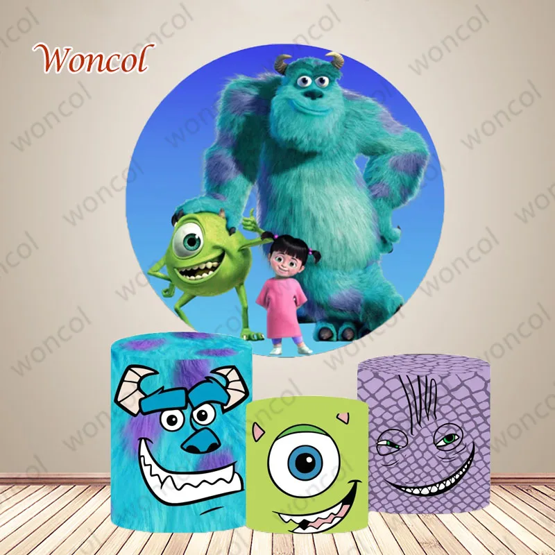 Monsters, Inc. Runder Hintergrund Boo Mike Wazowski James P. Sullivan Geburtstagshintergrund Monsters, Inc. Zylinderabdeckung Fototermin-Requisite