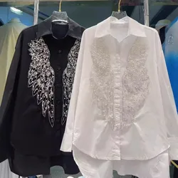 Korean version new heavy industry diamond studded lace patchwork western-style shirt, small fragrant style nail bead loose shirt