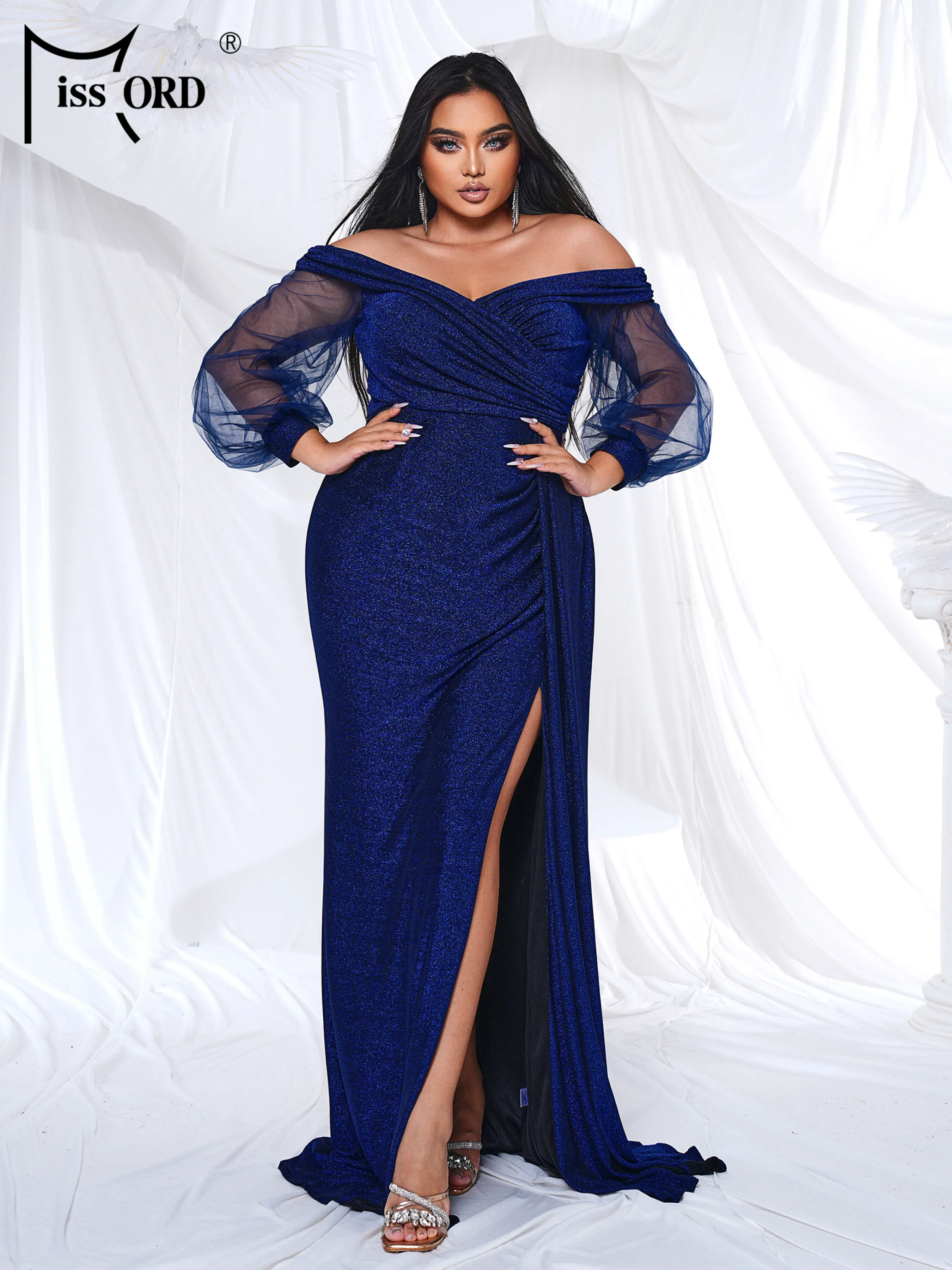 Missord Plus Size Off shoulder Mesh Sleeve Split Evening Elegant Cocktail Floor Length Dress