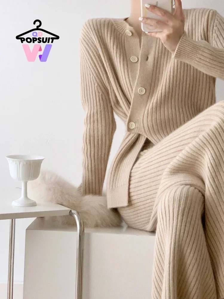 

New in Autumn Winter Women Knitted Suit Cardigan wide leg knit pantst Waist Slim loose set 2-piece Set Casual Clothes for women