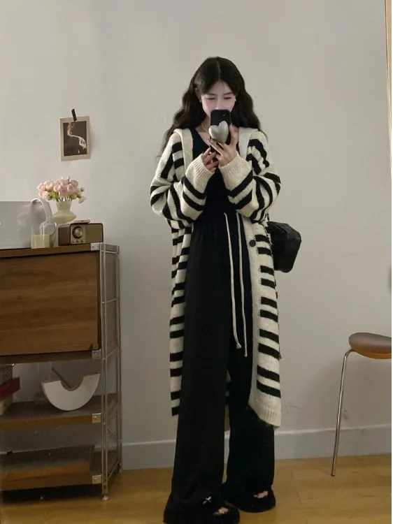 

plus Size Women's Lazy Stripe Hooded Thiened Long Knitted Sweater Coat Autumn Winter New Sle Mid-Length Korean Loose Fit ...