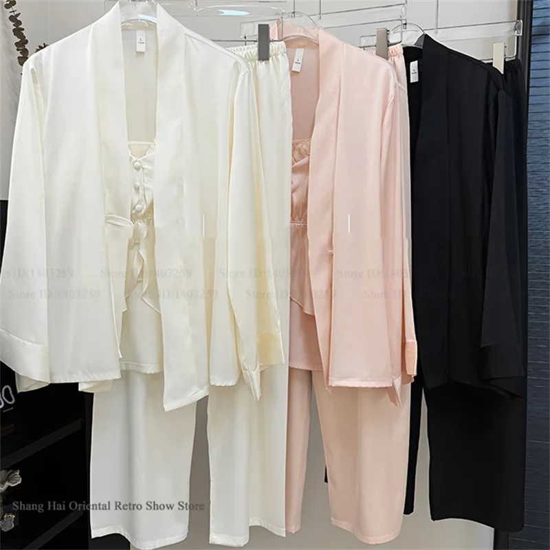 

New Chinese Style Female 3PCS Pijamas Suit Sweet Satin Sleepwear Home Clothing Spring Autumn Loungewear Nightwear Loose Pajama