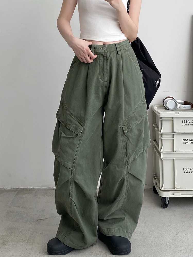 

WCFCX STUDIO Women Cargo Jeans High Waist Vintage Baggy Straight Pants Niche Design Sense Streetwear Wide Leg Denim Trousers