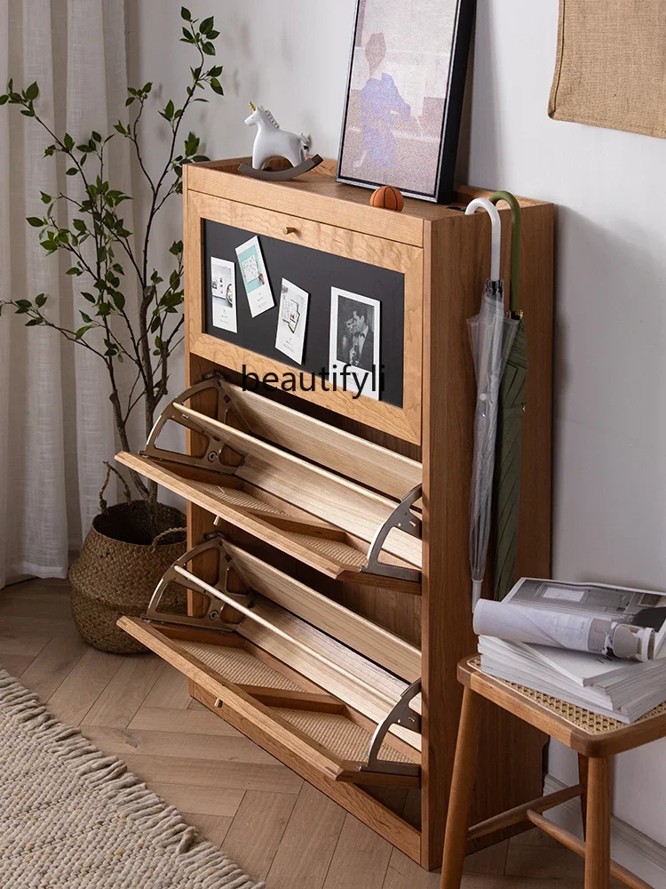 

zxqNordic Solid Wood Flip-up Shoe Cabinet Ultra-Thin Cherrywood Rattan Furniture Storage Shoe Cabinet
