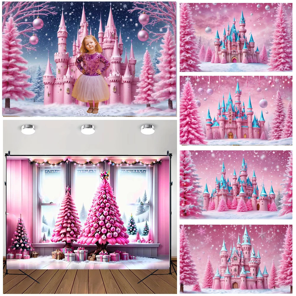 

MOON.QG Christmas 2025 Background Photography Snowflake Pink Castle Xmas Trees Backdrop Party Decorations Portrait Wedding Props