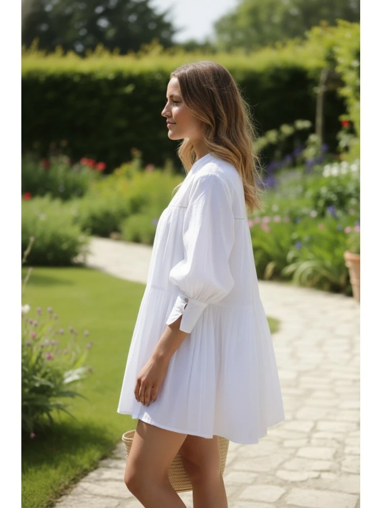 Abito da donna a camicia a pieghe con bottoni e maniche a sbuffo in cotone bianco, mini abiti casual larghi per le vacanze estive in giardino