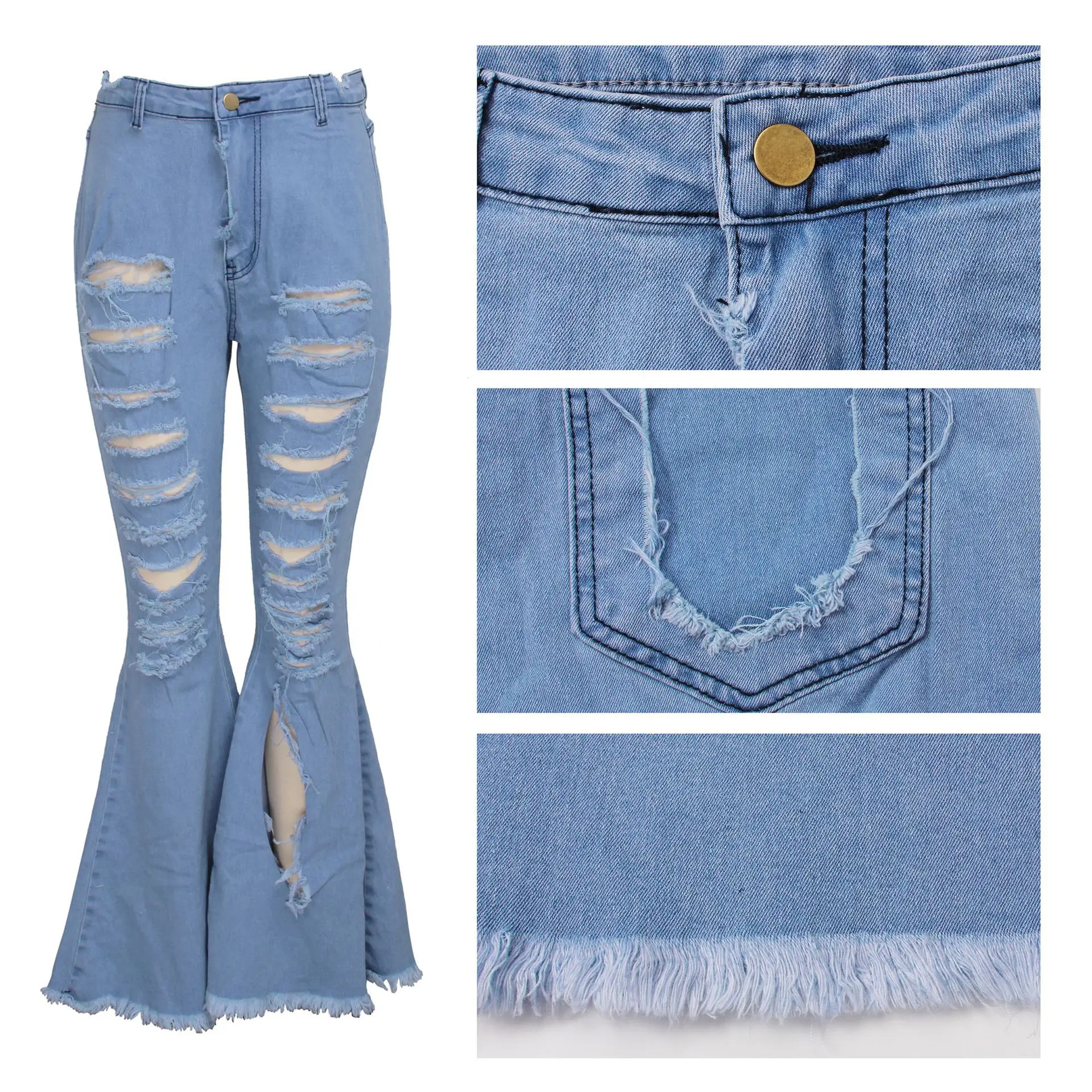 

Women Hole Mom Jeans Flare Pants Ripped Boot Cut Trousers High Waist Stretch Distressed Washed Streetwear Denim Y2k Floor Length