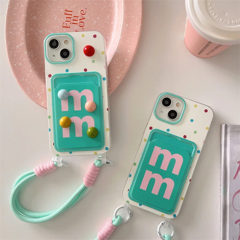 Card bag color polka dot three-dimensional M-bean phone case with hanging rope for iPhone 11, 12, 13, 14, 15Pro Max