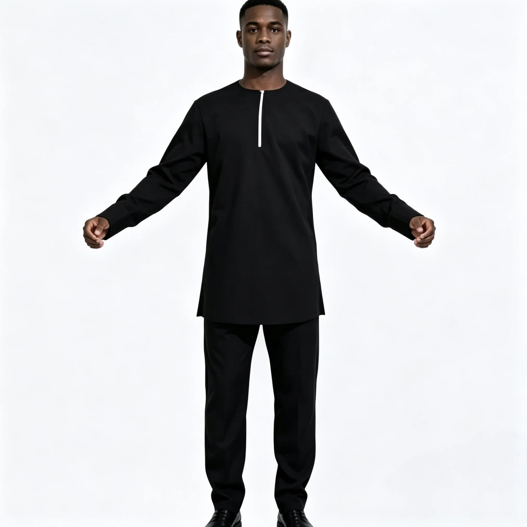 Men's Sets Solid Black Zipper Placket Shirt & Trousers Vintage Style Pant Suits Designer African Couture Performance Wear