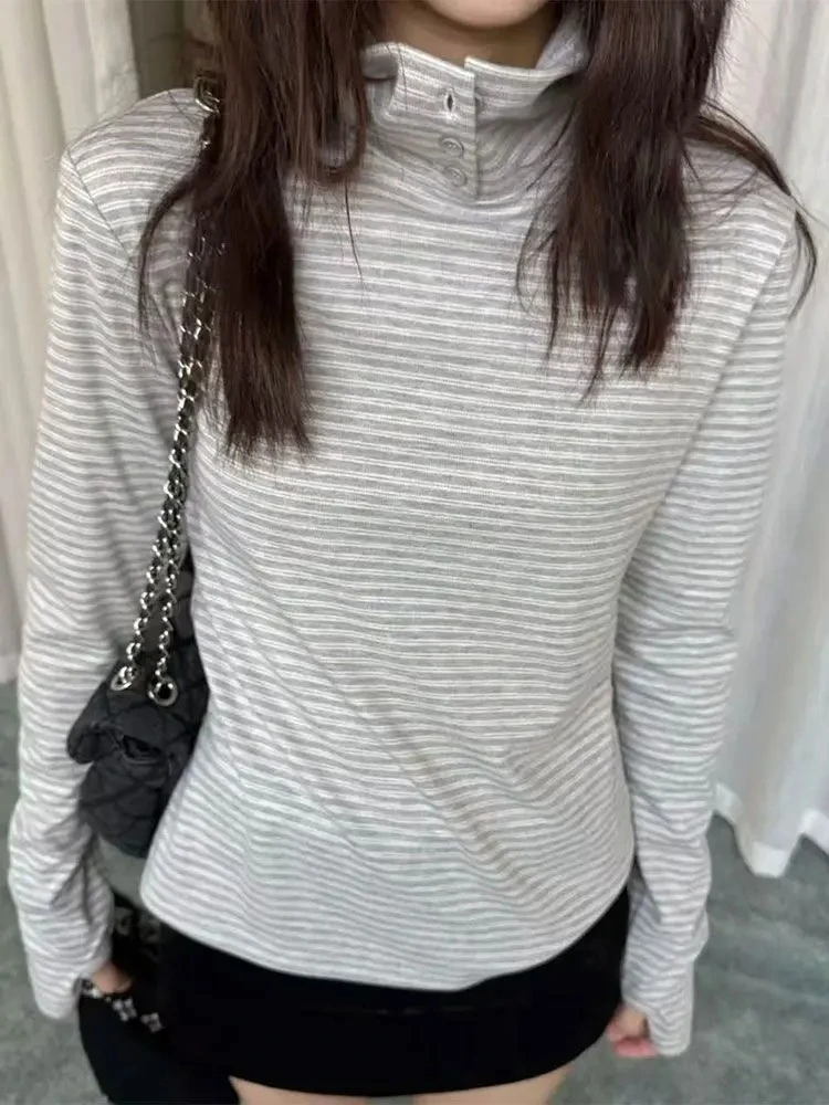 2026 Slim Fit Tops Y2k Aesthetic American Vintage Tees Ropa Mujer Korean Fashion Striped Turtleneck Long Sleeve T-shirts Women
