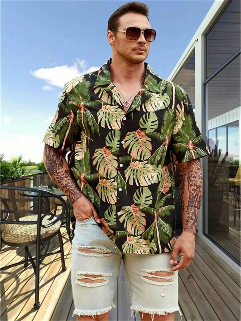 2023 Cuban collar Hawaiian shirts Men\'s summer plant print shirt Men\'s loose beach tops Outdoor social street men\'s clothing