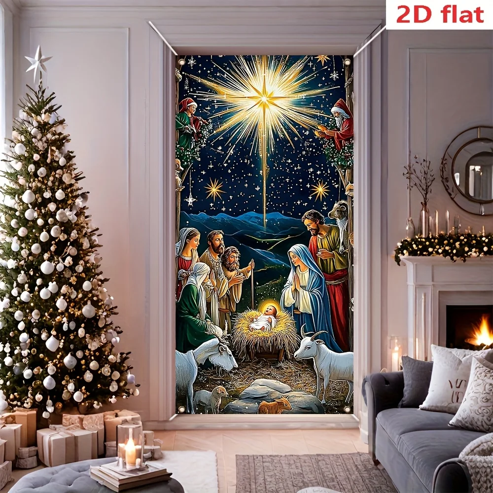 4 Grommets Flat Door Banner Elegant Religious Christmas Nativity Scene with A Starry Night and The Holy Family Party Backdrop