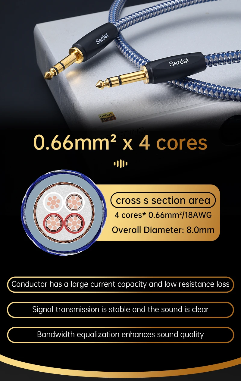 Serost HiFi 6,5mm Mono/Stereo TRS-Klinkenkabel Versilbertes OFC Sauerstofffreies Kupfer für Lautsprecher Mischpult E-Gitarre – Detail 5