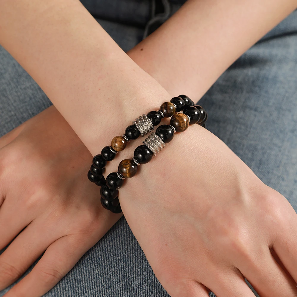 

Matte Onyx Stone & Tiger Eye Stone Bead Bracelet For Women Jewelry Stainless Steel Charms Bracelet Elastic Stretch Men Bracelet