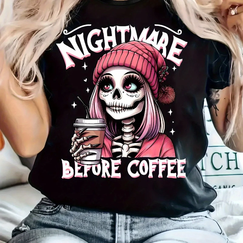 

Ladies' Casual Pattern T-shirt，"Dream Before Coffee" Skull Art Print, Short Sleeve Round Neck, Spring/Summer Regular Version Top