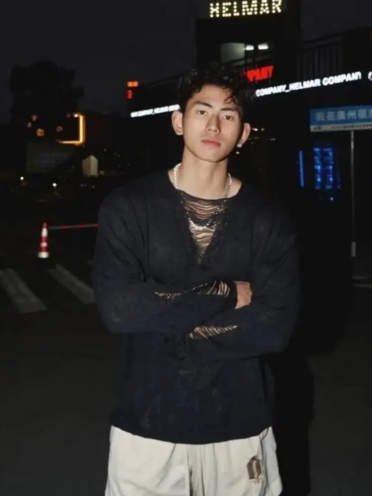 Autumn Winter Men's Knitting Sweater Thin Hollow Out Knit Sweater Deep V Neck Pullover Alluring Destructive Design Upper Garment