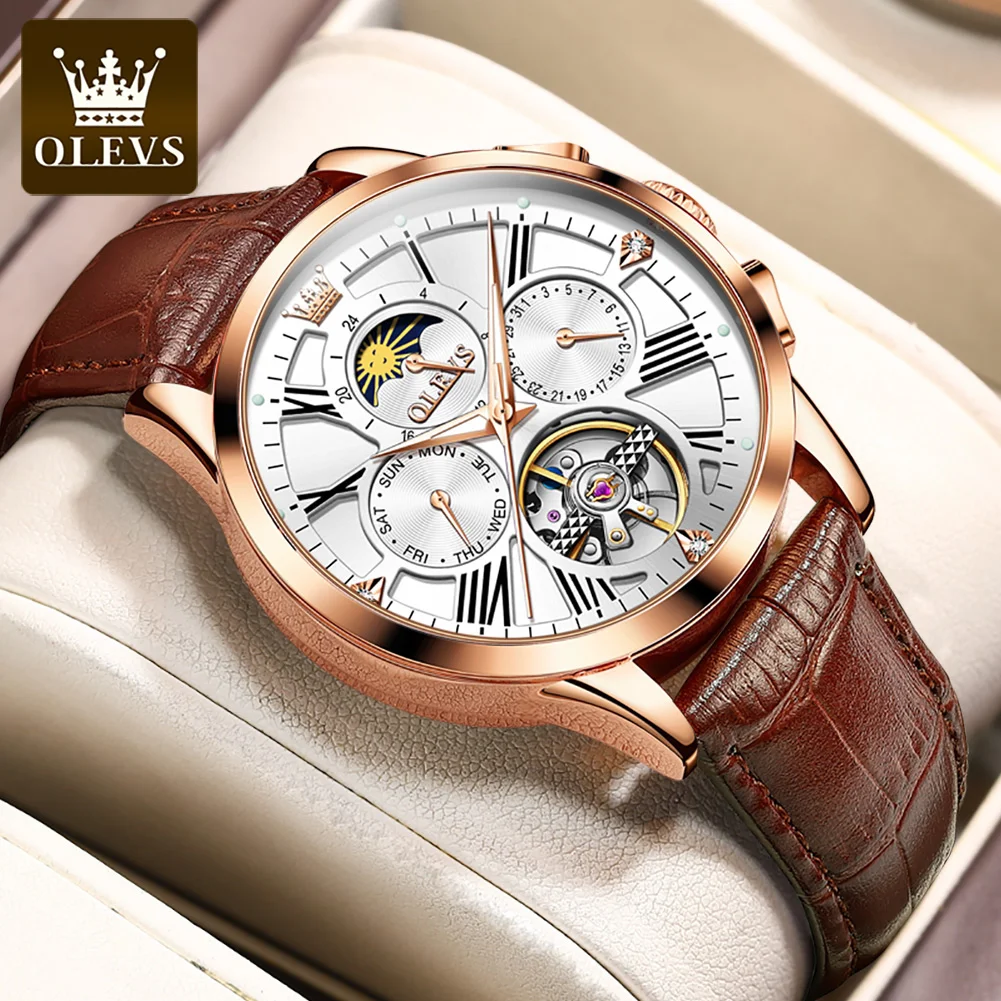 OLEVS Men's Watches Fashion Leather Strap Moon Phase Hollow Flywheel Automatic Mechanical Wristwatch Roman Scale Man Watch 9912