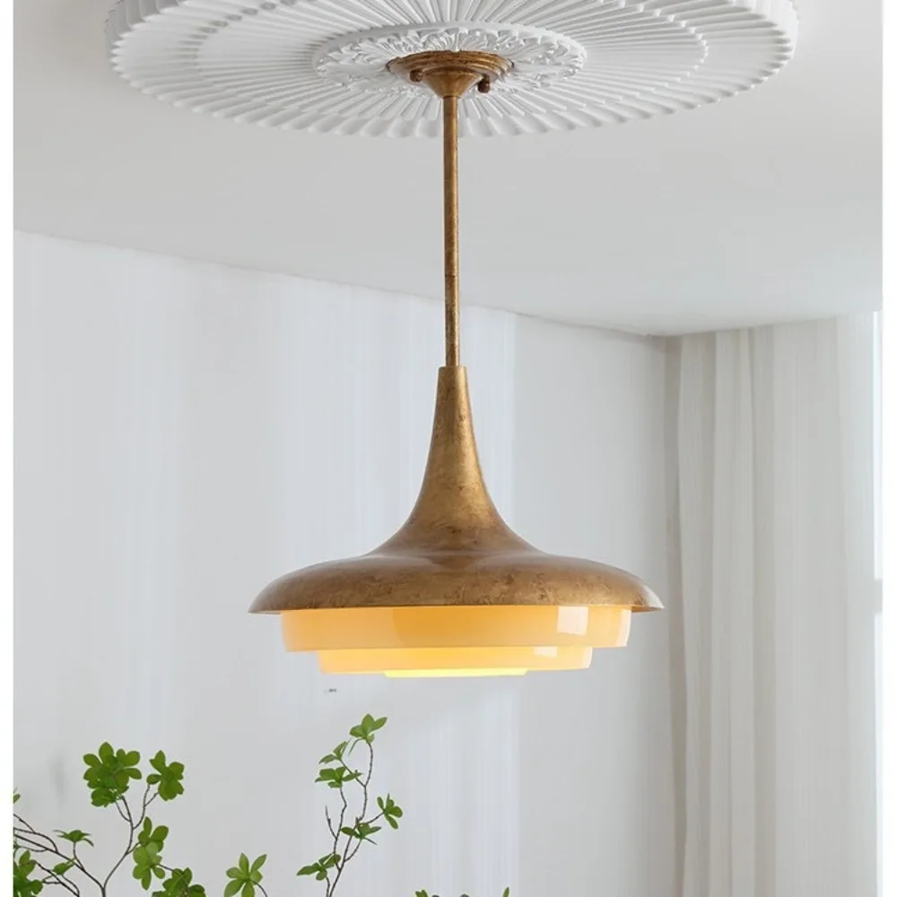 American Retro Bedroom Light, Golden Glass Lampshade, Restaurant Dressing Room, Study, Pendant Light