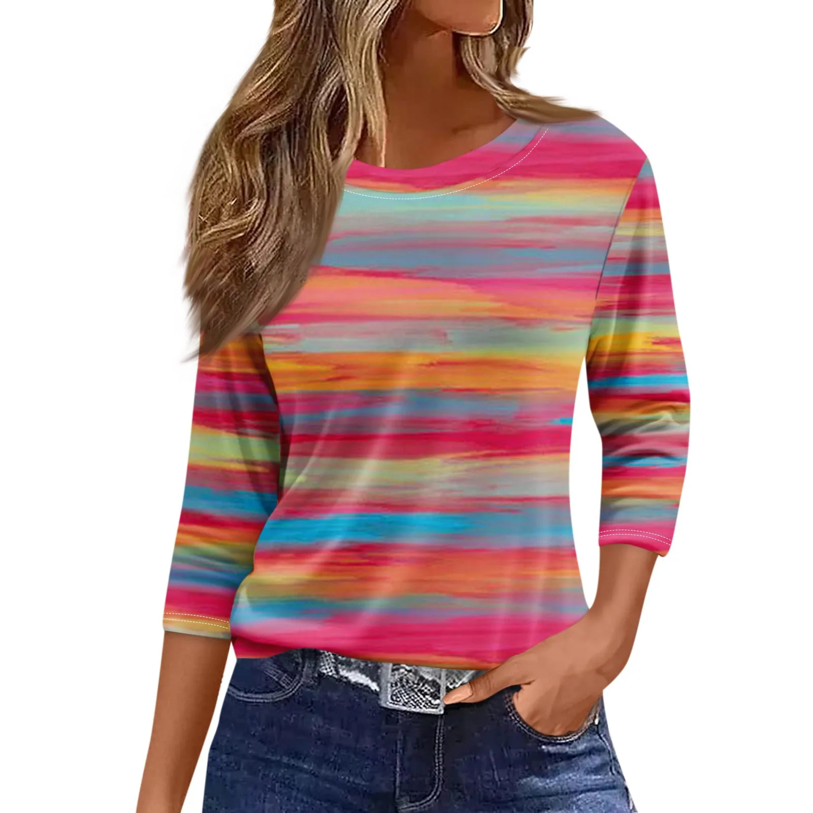 Short-sleeved T-shirt 2024 women's fashion casual round neck clothing long-sleeved loose printed ladies long-sleeved T-shirt