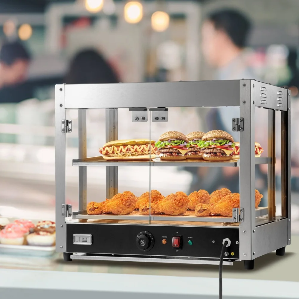 2-Tier Commercial Food Warmer Display Stainless Steel Pizza Cabinet with Water Tray Temperature Control LED Lighting Canteens