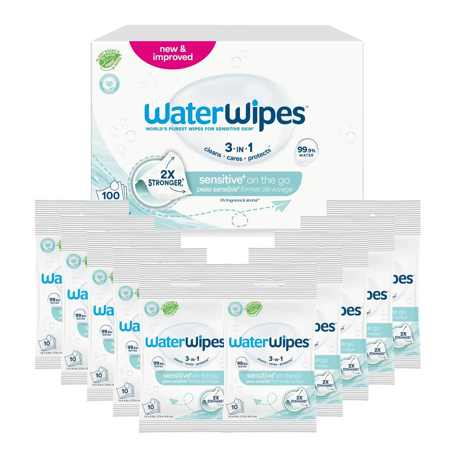 

Sensitive+ On The Go Wipes, 3-In-1 Cleans, Cares, Protects, 99.9% Water, Unscented & Hypoallergenic Wet Wipes, 100 Count (10 Pac