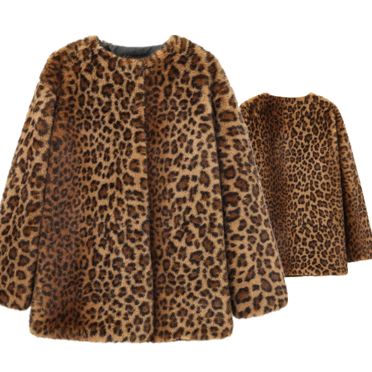 

Jenny&Dave Minimalist Women's Leopard Print Round Neck Winter Coat Fashion Blogger High Street Loose Jacket