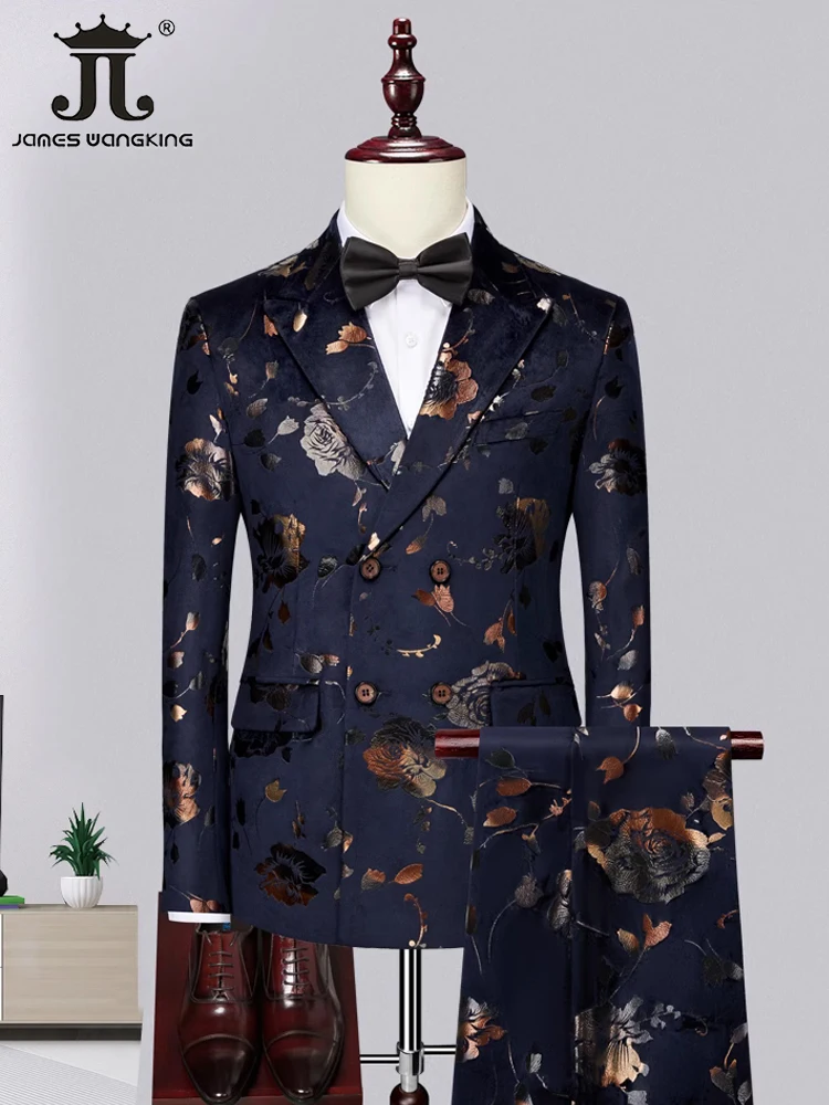 M-6XL ( Blazer + Pants ) Brand Fashion Printing Groom Wedding Dress Suit Banquet Stage Performance Suit Mens Casual Slim Suit