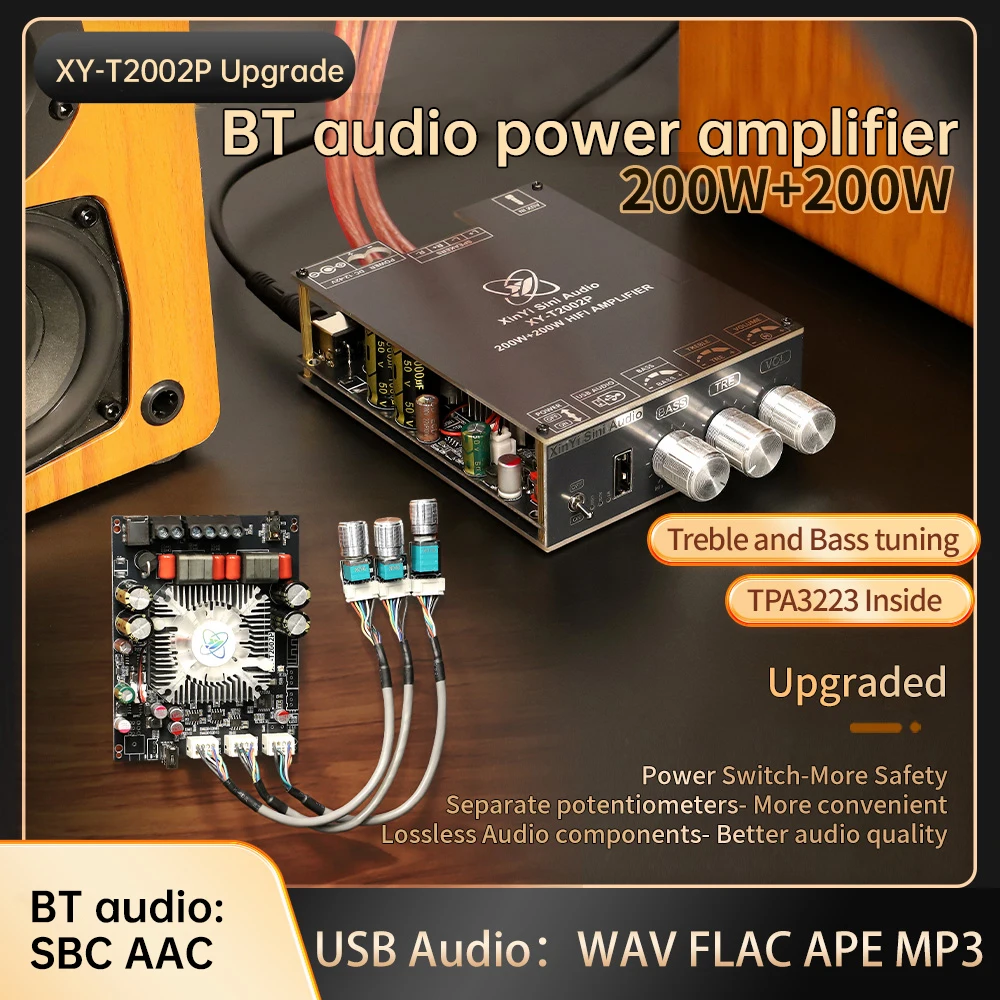

XY-T2002P Модернизированная версия 200 Вт * 2 Плата цифрового усилителя BT TPA3223 Модуль усилителя с регулировкой высокой и низкой частоты постоянного тока