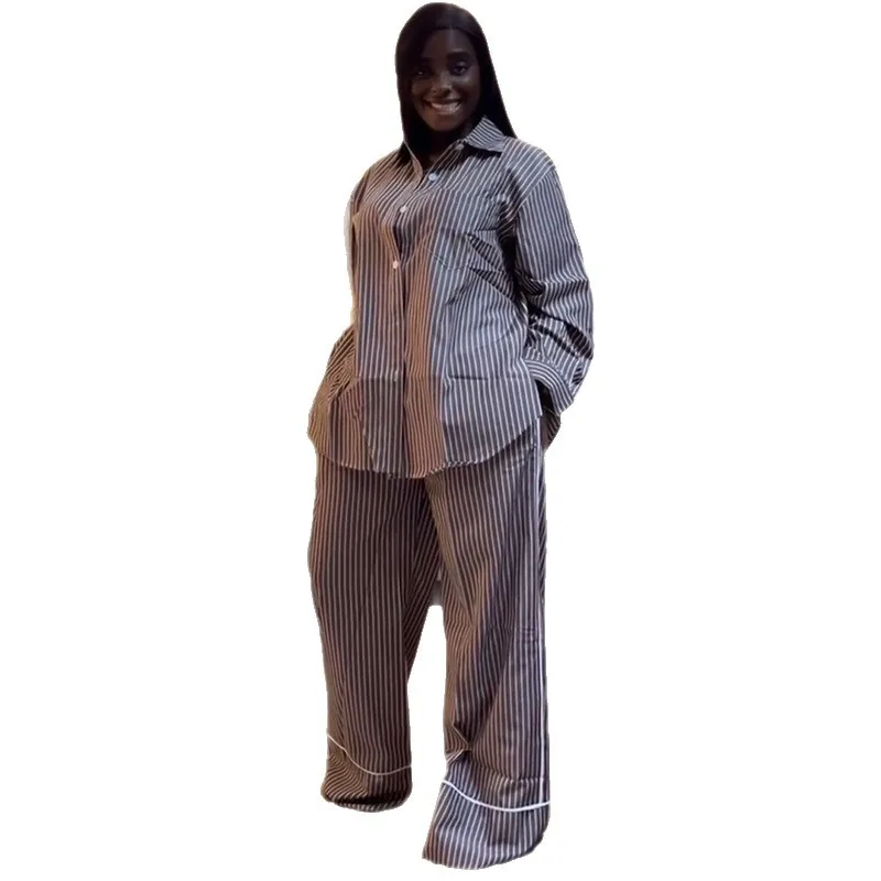 2025 Summer New Women's Two Piece Fashion Striped Buckle Long Sleeve Shirt Wide Leg Pants Casual Set