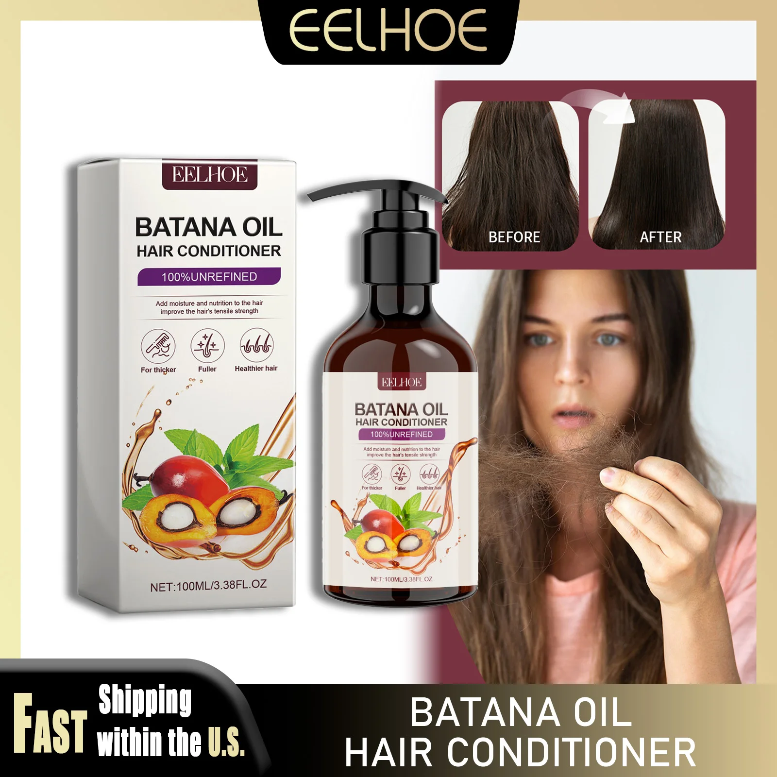 

EELHOE 100ml Batana Oil Conditioner Nourishing Repair Damaged Hair Roots Dry Split Ends Reduce Frizzy Flyaways Hair Smooth Serum