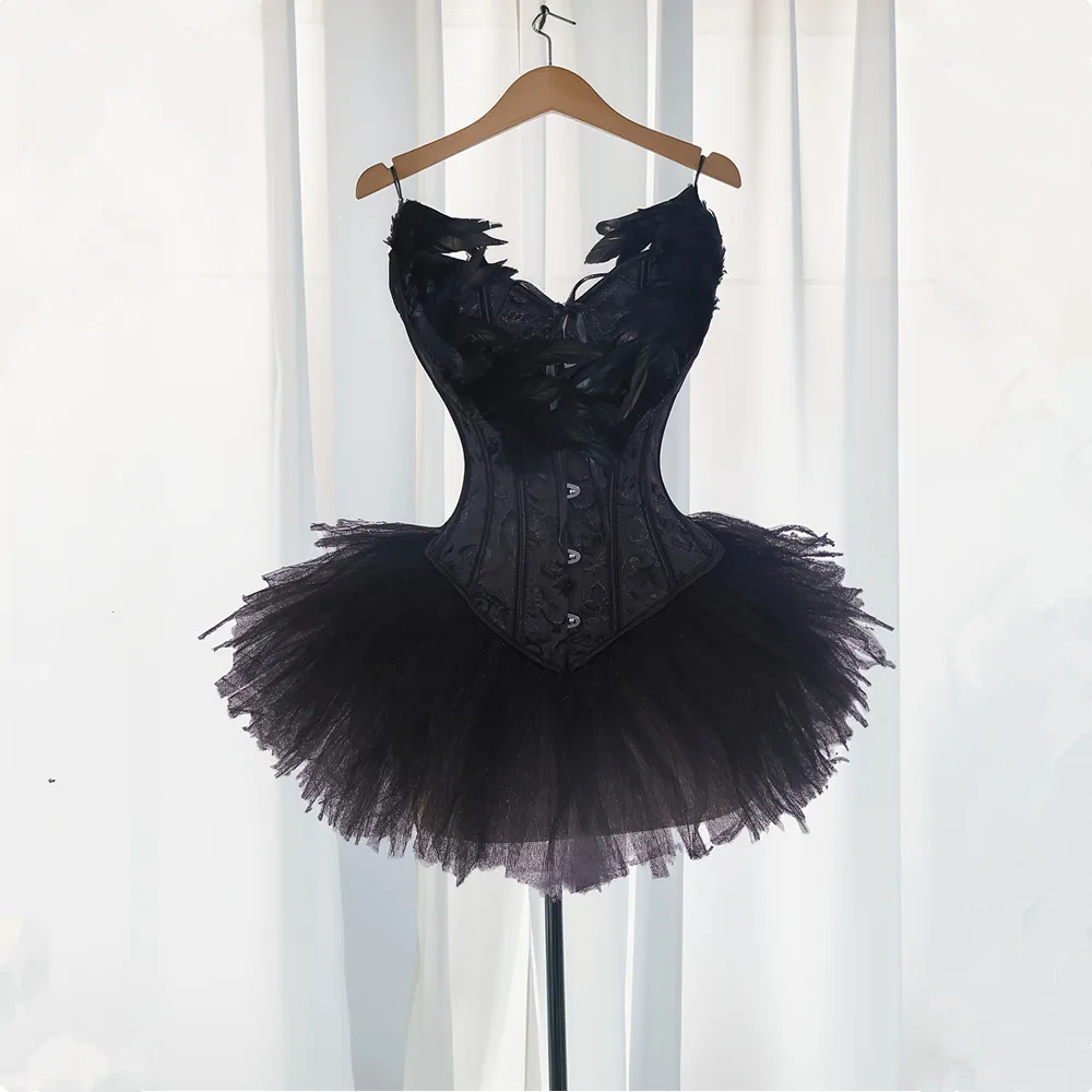 Vintage Feathers Corset Dress Bustier Tutu Skirt Set For Women Girls Roleplay Angel Swan Suit Carnival Party Performance Outfits