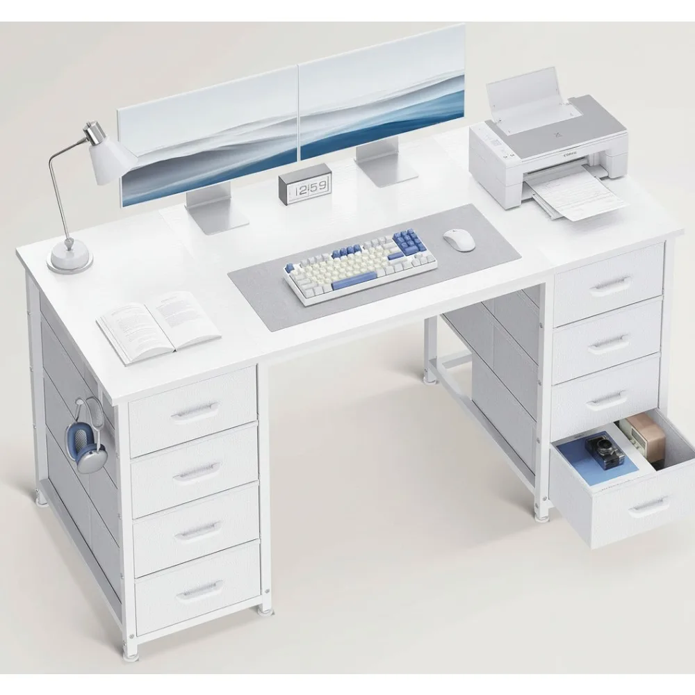 

48 Inch White Computer Desk with 8 Fabric Drawers, Modern Office Desk for Home Office Study Gaming Large Storage