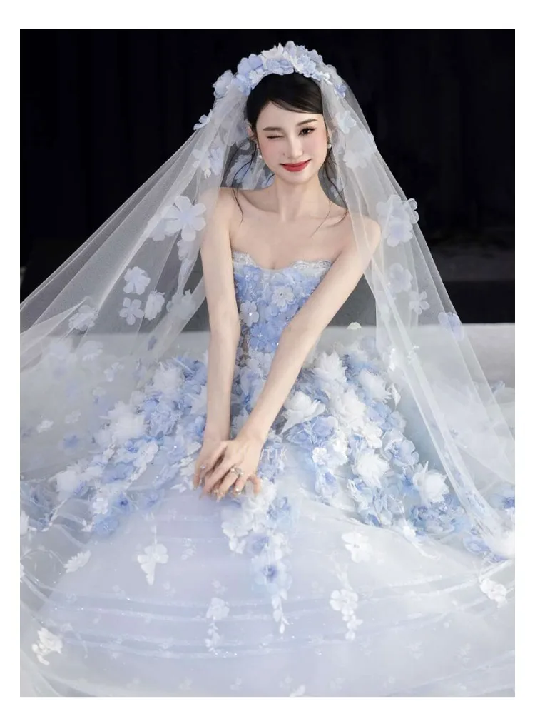 الزهور الزرقاء فساتين زفاف الزفاف النساء منتفخ الجنية فساتين السهرة قبالة الكتف ثلاثية الأبعاد الزهور فساتين حفلات Vestidos De Novia #6