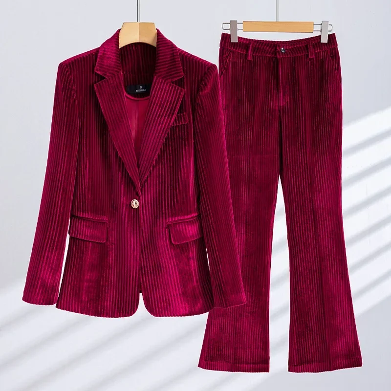 Traje de terciopelo de 2 piezas para mujer, conjunto de Blazer y pantalones para mujer, ropa de trabajo de negocios para mujer, abrigo de moda para niña, vestido de graduación, Primavera