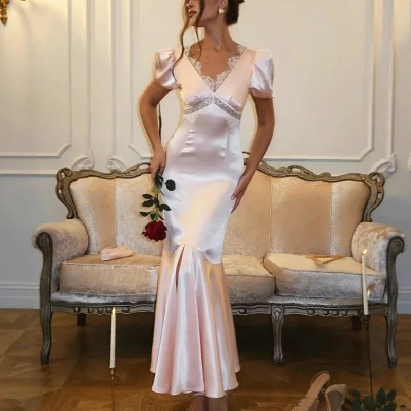 

Ticketsx V Neck Lace Satin Dress Women's New Hollow Out High Waist Patchwork Split Long Dress Elegant Luxury Party Evening Dress