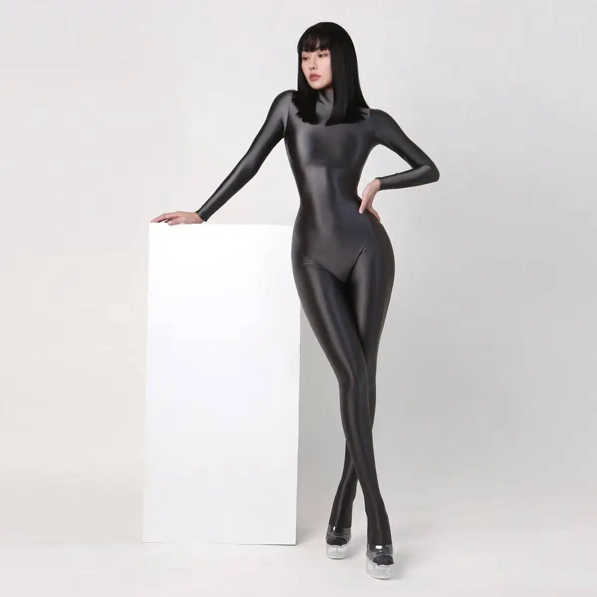 

Autumn Glossy Satin Back Zipper Jumpsuits Women Bodycon Long Sleeve Rompers One-piece Swimsuit Silky Tight Pantyhose Thong